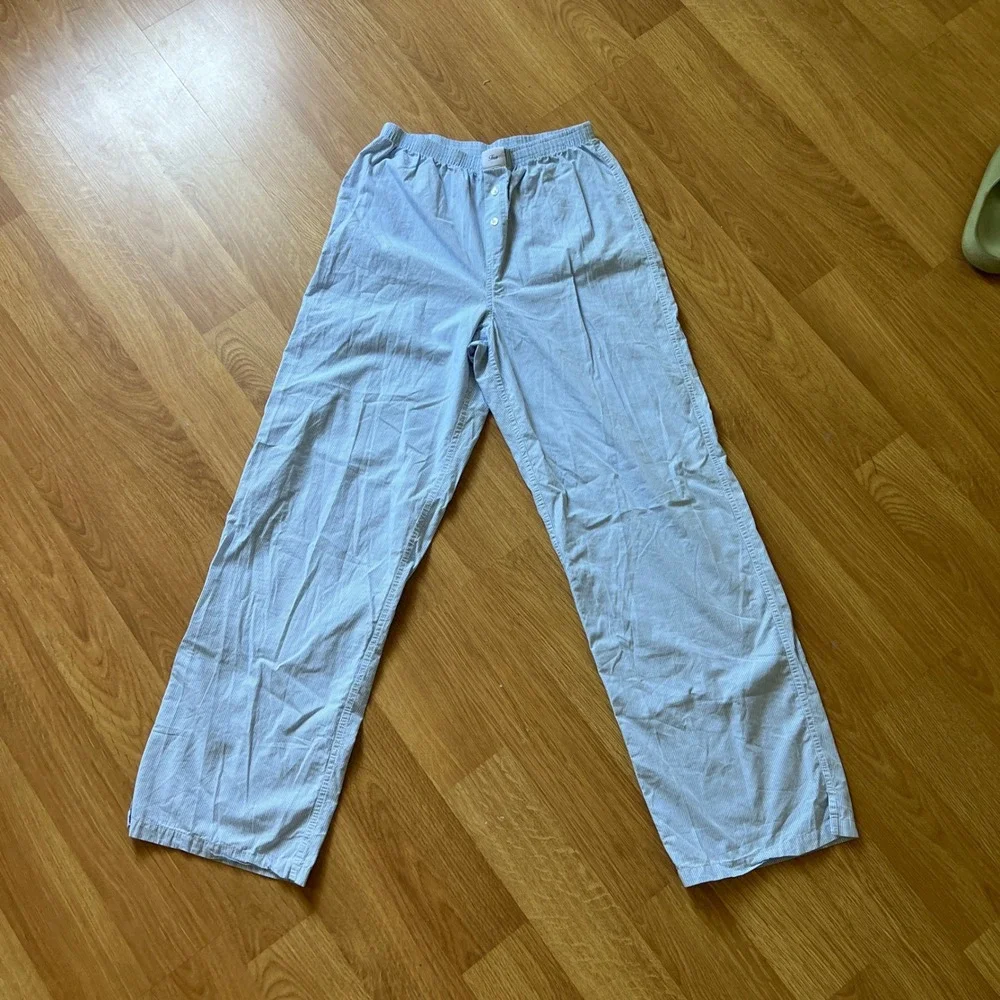 TNA Aritzia Poplin Pinstripe Wide Leg Pajama Pants Small Lounge Sleepwear Blue